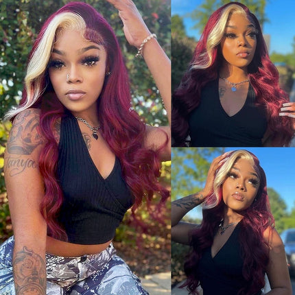 Burgundy 613 Blonde Skunk Stripe Body Wave 13x4 Lace Front Wig For Women-Aaliweya