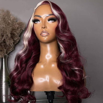 Burgundy 613 Blonde Skunk Stripe Body Wave 13x4 Lace Front Wig For Women-Aaliweya