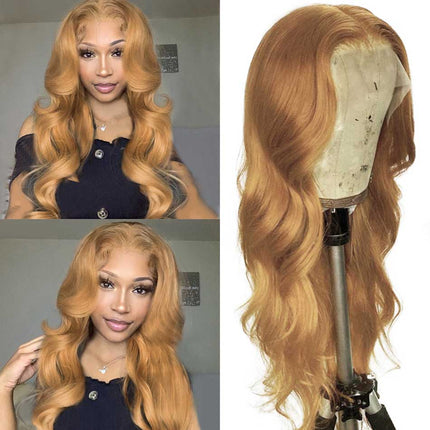 Honey Blonde #27 Highlight Body Wave Human Hair Wigs Lace Front Wig-Aaliweya