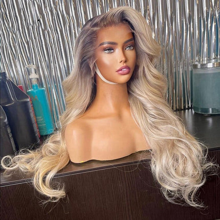 Ombre Ash Blonde Human Hair Wig Body Wave Lace Front Wigs With Grey Roots-Aaliweya