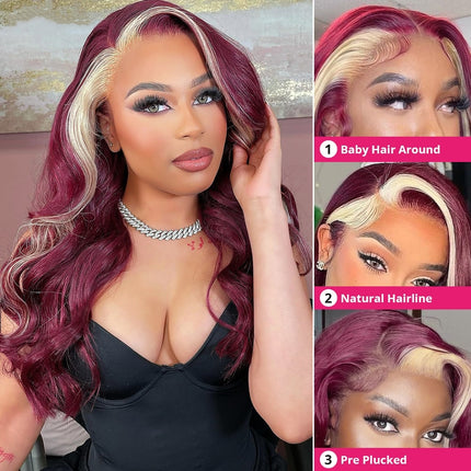 Burgundy 613 Blonde Skunk Stripe Body Wave 13x4 Lace Front Wig For Women-Aaliweya