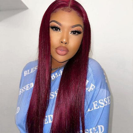 99J Straight Lace Closure Human Hair Wigs Red Colored Transparent 4x4/13x4 Lace Front Wig With Baby Hair-Aaliweya