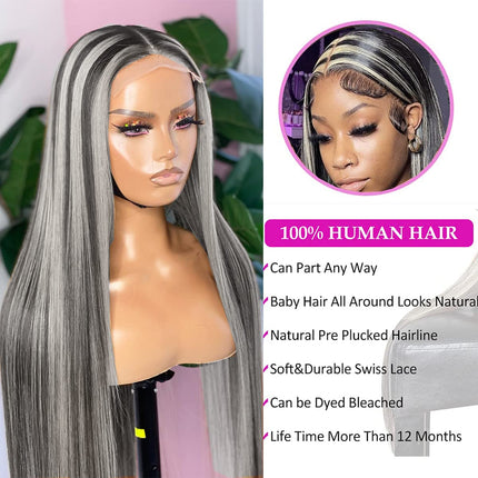 Highlight Black And Gray Color Straight Hair Lace Front Wig Human Hair Wigs-Aaliweya