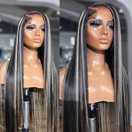 Highlight Black And Gray Color Straight Hair Lace Front Wig Human Hair Wigs-Aaliweya