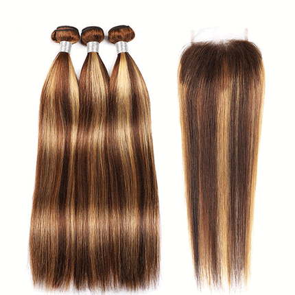 Highlight P4/27 Straight Hair 3 Bundles With 4x4 Lace Closure 100% Virgin Human Hair-Aaliweya