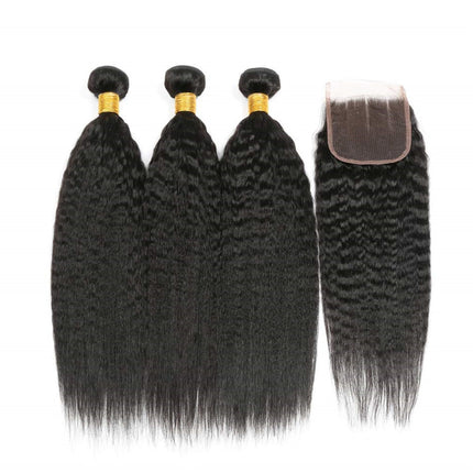Kinky Straight 3 Bundles With 4x4 Lace Closure Virgin Human Hair-Aaliweya
