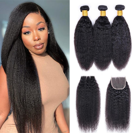 Kinky Straight 3 Bundles With 4x4 Lace Closure Virgin Human Hair-Aaliweya