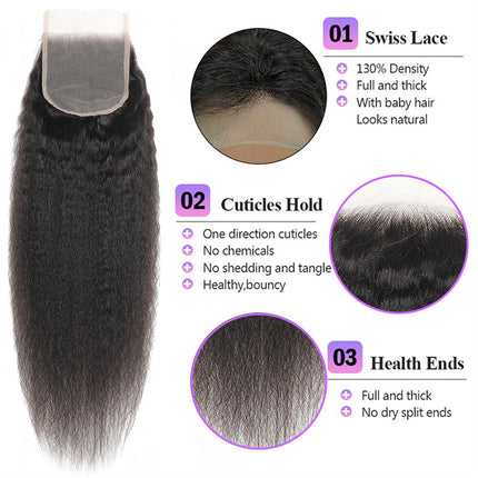 Kinky Straight 3 Bundles With 4x4 Lace Closure Virgin Human Hair-Aaliweya