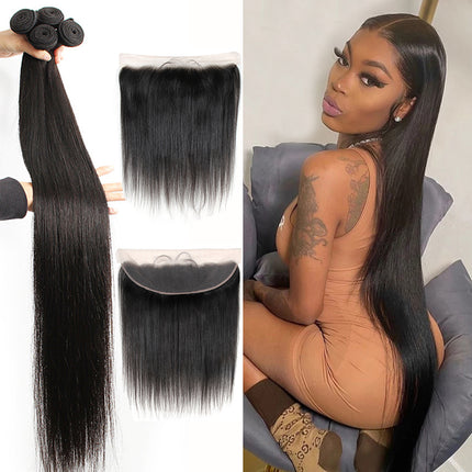 Long Straight Hair 3 Bundles With 13x4 Lace Frontal 100% Virgin Human Hair-Aaliweya