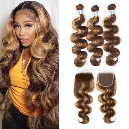 Highlight P4/27 Body Wave Hair 3 Bundles With 4x4 Lace Closure Unprocessed Human Virgin Hair-Aaliweya