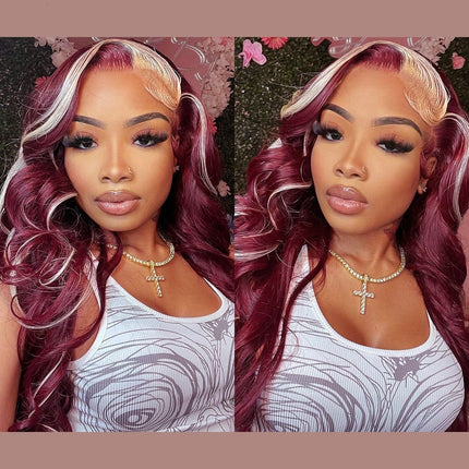 Burgundy 613 Blonde Skunk Stripe Body Wave 13x4 Lace Front Wig For Women-Aaliweya