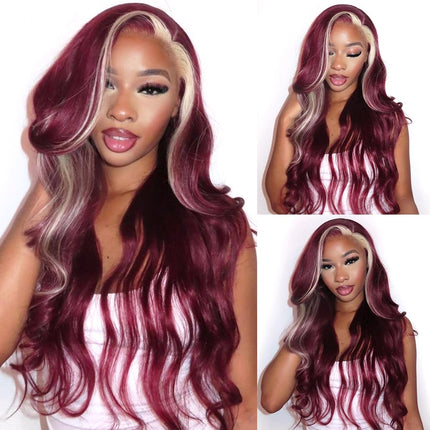 Burgundy 613 Blonde Skunk Stripe Body Wave 13x4 Lace Front Wig For Women-Aaliweya