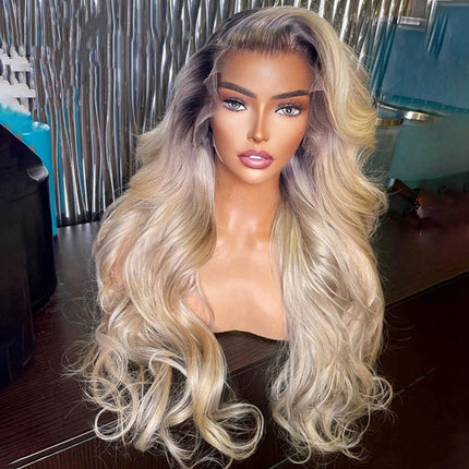 Ombre Ash Blonde Human Hair Wig Body Wave Lace Front Wigs With Grey Roots-Aaliweya