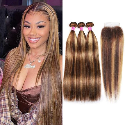 Highlight P4/27 Straight Hair 3 Bundles With 4x4 Lace Closure 100% Virgin Human Hair-Aaliweya